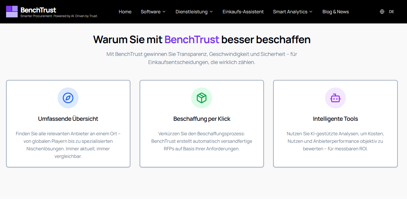 Direkter Einstieg in die Vorteile: Übersicht, RFPs per Klick, KI-gestützte Tools.