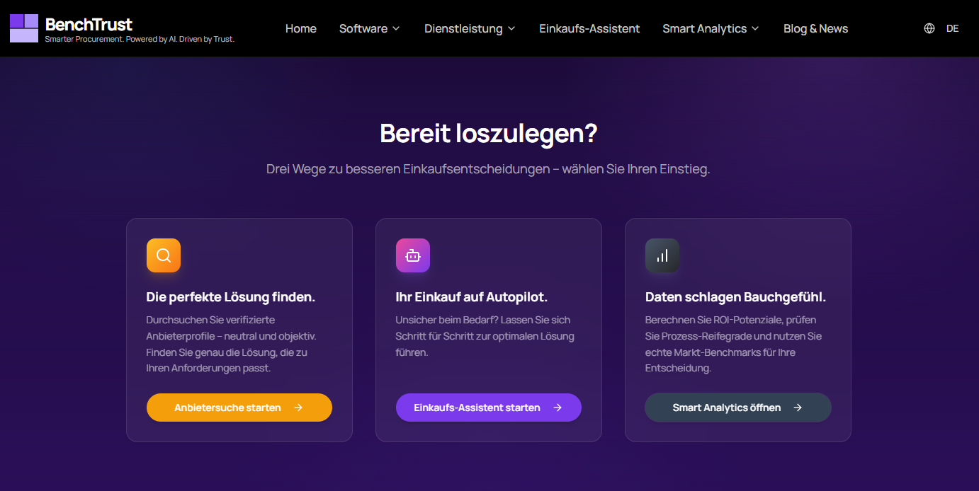 4-stufiger Such-Workflow: Filtern, Vergleichen, RFP, Entscheiden.